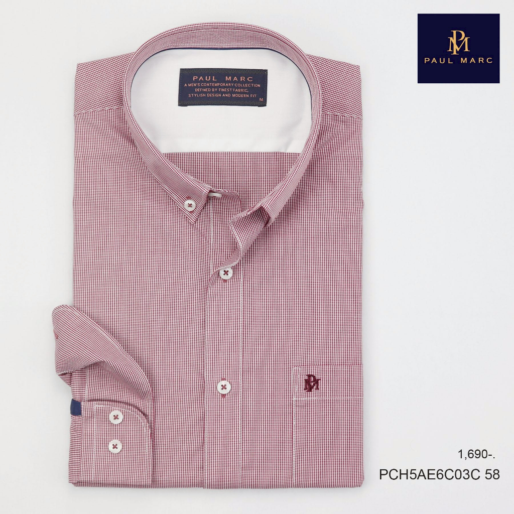 PAUL MARC เสื้อเชิ้ตลายสก็อตเล็กสีแดง slim fit ปก button down ผ้านุ่ม รีดง่าย ใส่สบาย PCH5AE6C03