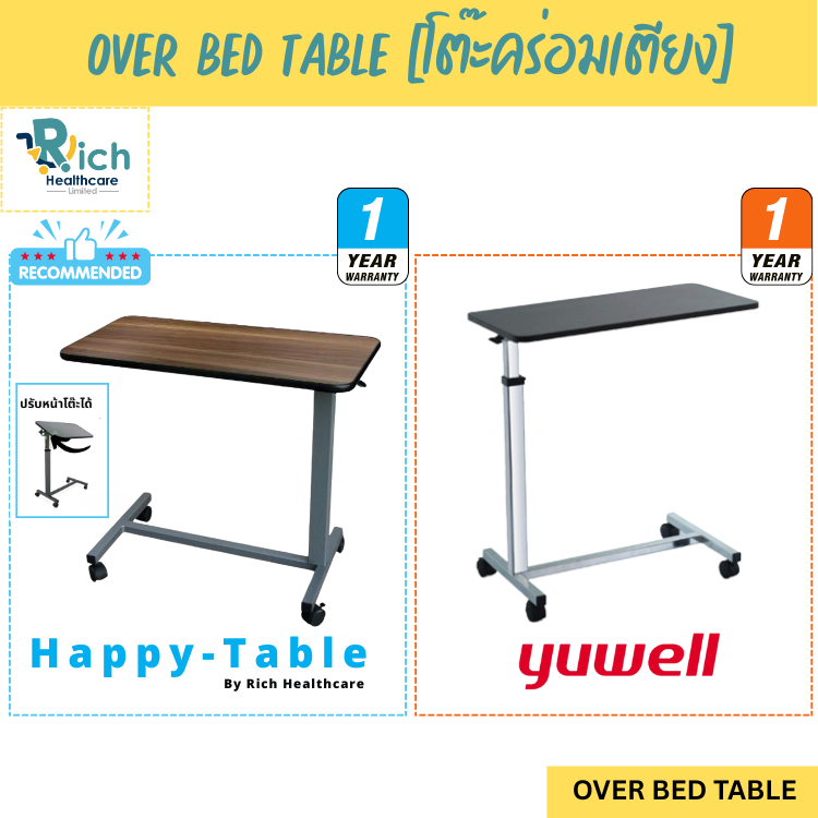 Yuwell / Happy Table Over Bed Table โต๊ะคร่อมเตียง โต๊ะอาหารอเนกประสงค์ ปรับความสูง ล้อล็อกได้ YU610 [รับประกัน 1 ปี]