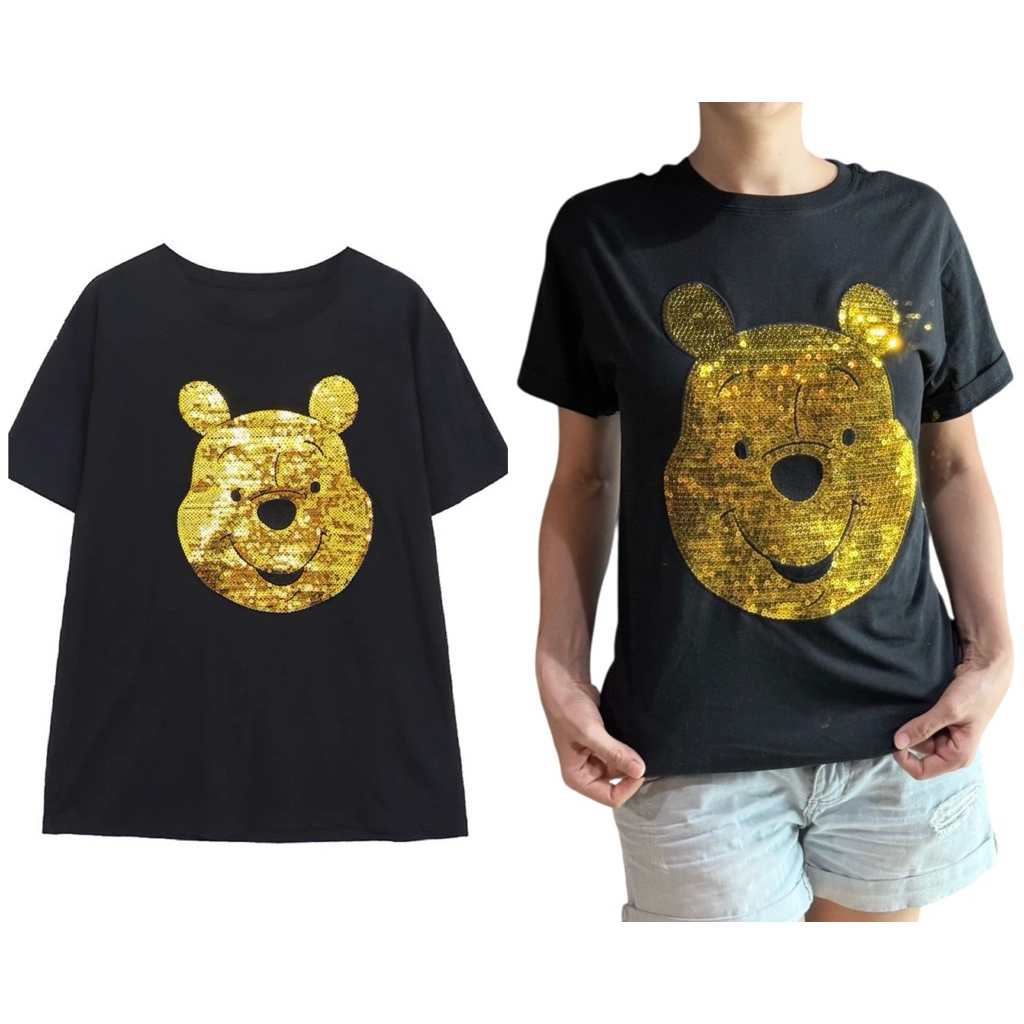 Pooh tee เสื้อยืด Pooh  / MINNIE MOUSE ปักเลื่อม  🍎 งานDISNEY แท้ 💯% (TS590)
