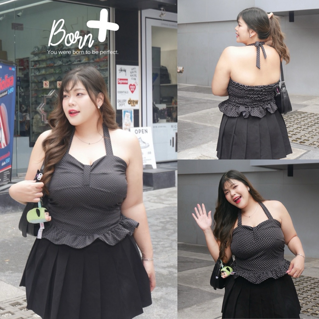 /BP/ เสื้อคล้องคอ สาวอวบ มีไซส์อก38-60 ลายดอทสุดฮิต แต่งระบาย แมทช์ง่าย ใส่ได้ตลอด #เสื้อไซส์ใหญ่ พลัสไซส์