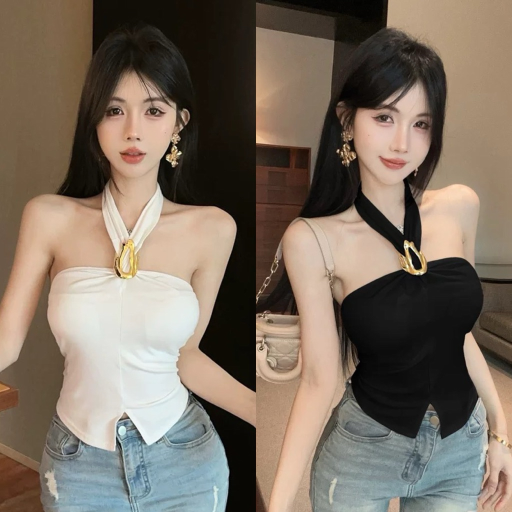 Gigi พร้อมส่ง Gigi Sexy Girl เสื้อผูกคอ อะไหล่ทองผ้าดีงานสวยมีบราในตัว สีขาวและดำ