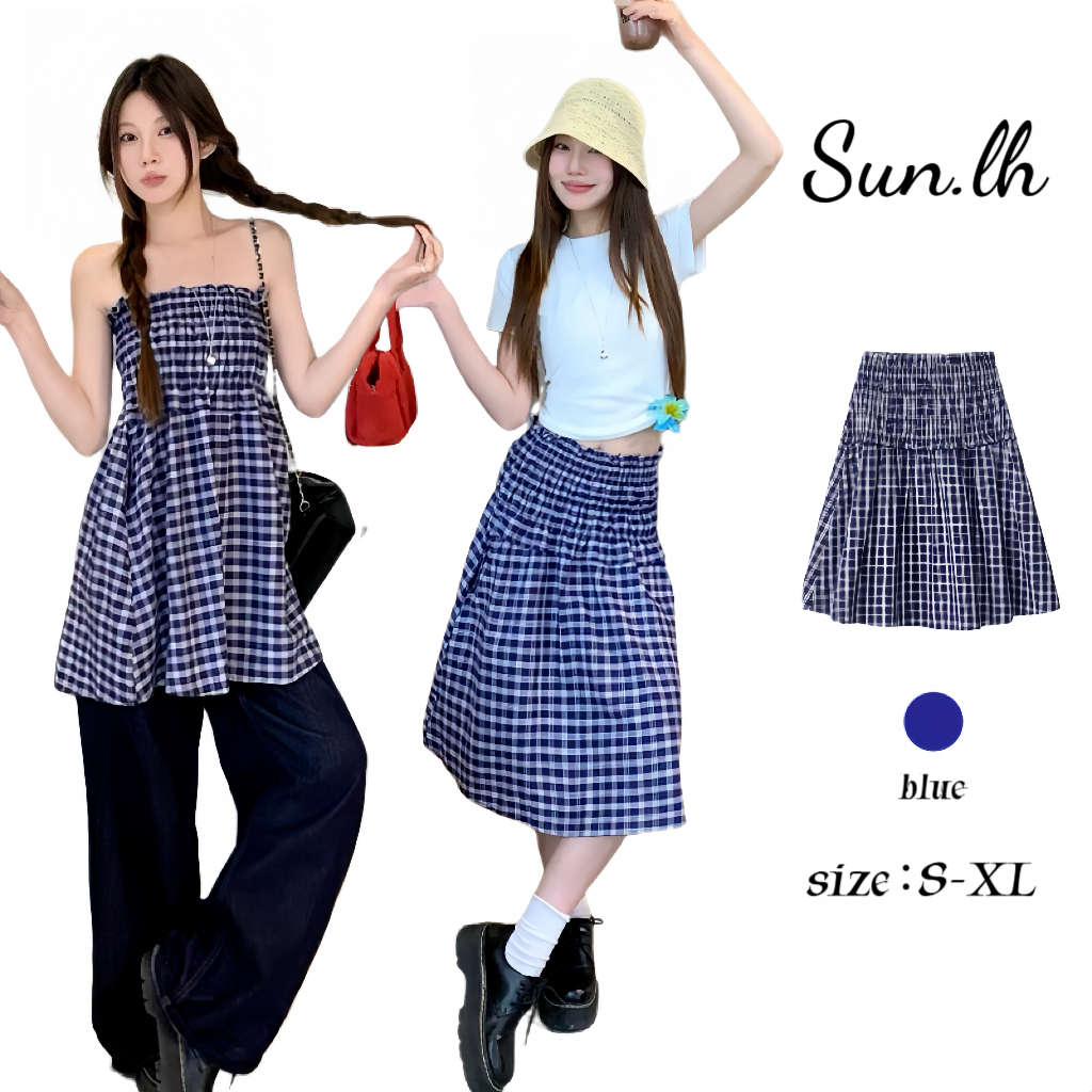 SUN พร้อมส่ง เดรสผู้หญิงลายสก็อตสีน้ำเงิน ทรงเอ ดีไซน์ย้อนยุค เอวสูง กระโปรงทรงเอ