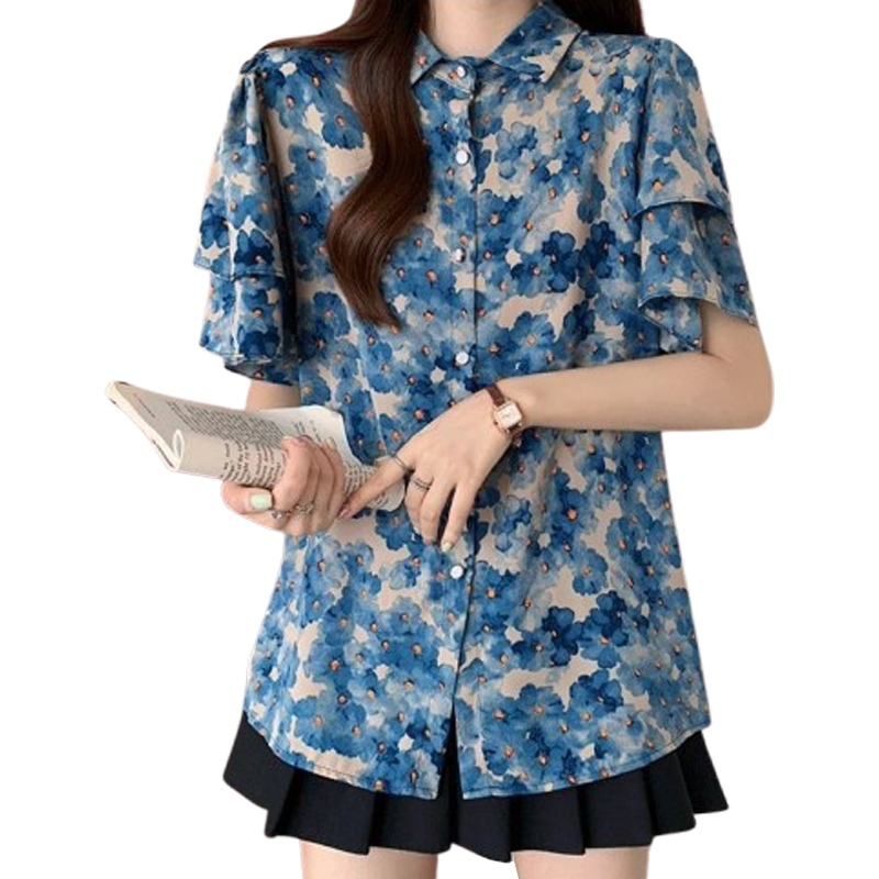 หวานพิมพ์เสื้อผู้หญิงฤดูร้อน High-end แขนสั้น Ruffled ขอบเสื้อ SY