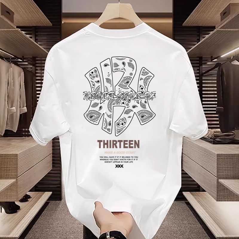 Y-T เสื้อยืดโอเวอร์ไซส์ สวมใส่สบาย เสื้อยืดผู้ชาย ผ้าฝ้าย 100% ไม่หดตัว คอกลม พิมพ์ "สิบสาม"