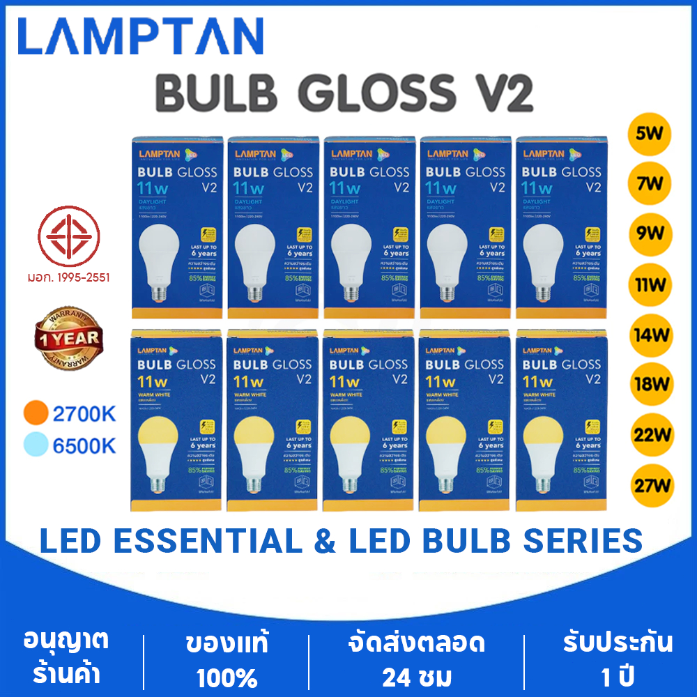 Lamptan หลอดไฟ LED แลมป์ตัน LED Bulb Gloss 5W,7W,9W,11W,14W,18W,22W,27Wขั้ว E27 สว่างนวลตา ใช้ไฟฟ้า220V ใช้ไฟบ้าน
