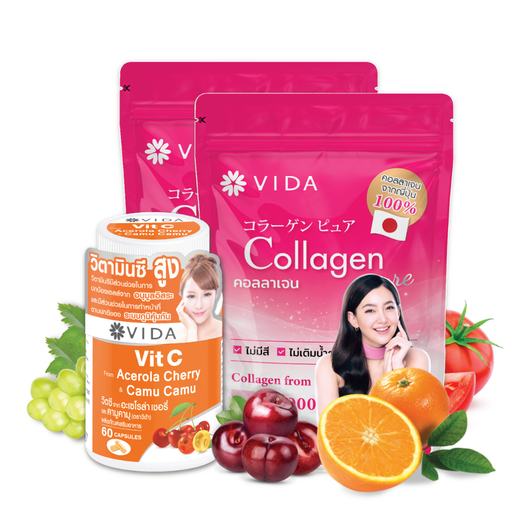 [Set] Vida Collagen Pure 100g. 2 Sachets  x Vit C Acerola cherry & Camu-Camu 60 Capsules 1 Unit