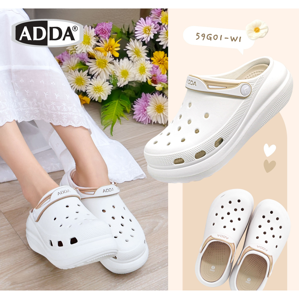 NFSHOES รองเท้าหัวโต พื้นสูง 2.5 นิ้ว ADDA แอ๊ดด้า รุ่น 59G01-W1 SIZE 4-7 หญิง มีสายรัดหลังเพิ่มความกระชับ นุ่ม ใส่สบาย