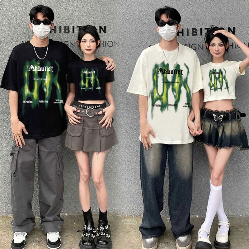 เสื้อคู่กับแฟนไซร์ใหญ่ เสื้อครอปแขนสั้น เอวลอย ผู้หญิง ทรงสลิมฟิต สวมใส่สบาย เสื้อแขนสั้น ผ้านิ่มมาก แฟชั่นสไตล์อเมริกัน