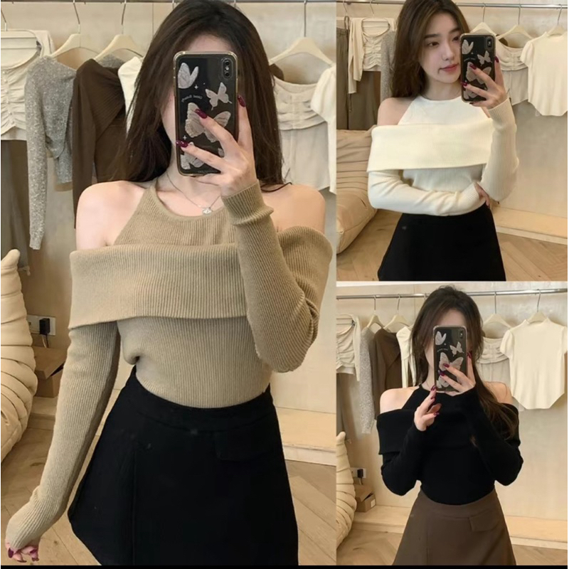 เสื้อนิ้ตติ้งไหมพรมแขนยาวเว้าไหล่ (2574)เสื้อไหมพรมปาดไหล่แขนยาว เก็บทรงแมตช์สวยจึ้งๆ