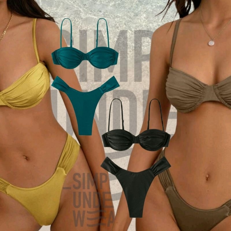 377 Simple Underwear bikini ชุดว่ายน้ำบิกินี่ แบบมีโครงดันทรง สีพื้น