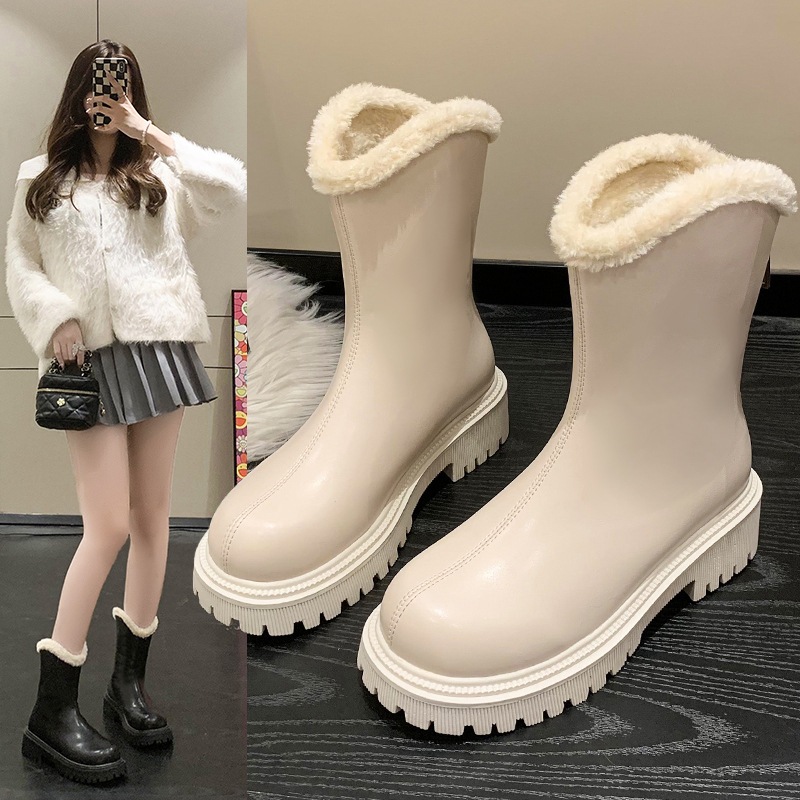 รองเท้าขนแกะผู้หญิงท่อยาวหนาฤดูใบไม้ร่วงและฤดูหนาวรองเท้าอัศวินอบอุ่น