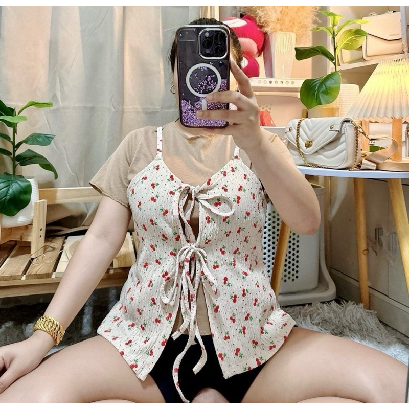 263 เสื้อสาวอวบ แต่งสายเดี่ยวลายเชอรี่ อก 34-44