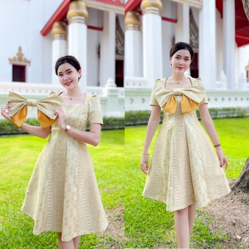 ชุดเดรสผ้าทอลายเนื้อฝ้าย_เสื้อ_แต่งโบว์หน้าถอดได้