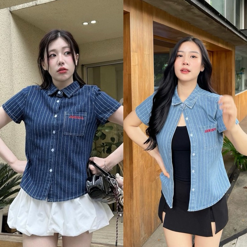 พร้อมส่ง เสื้อเชิ้ตยีนส์แต่งกระเป๋าปัก JARINYA เนื้อผ้าดี ทรงสวย