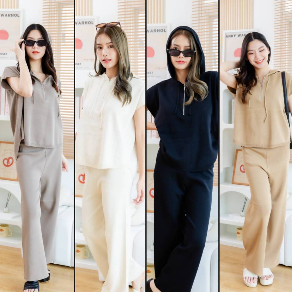 Hoodieknit Set ซิปหน้า (พร้อมส่ง)ชุดเซ็ตไหมพรมมีฮู้ด สีพื้น เสื้อ+กางเกง