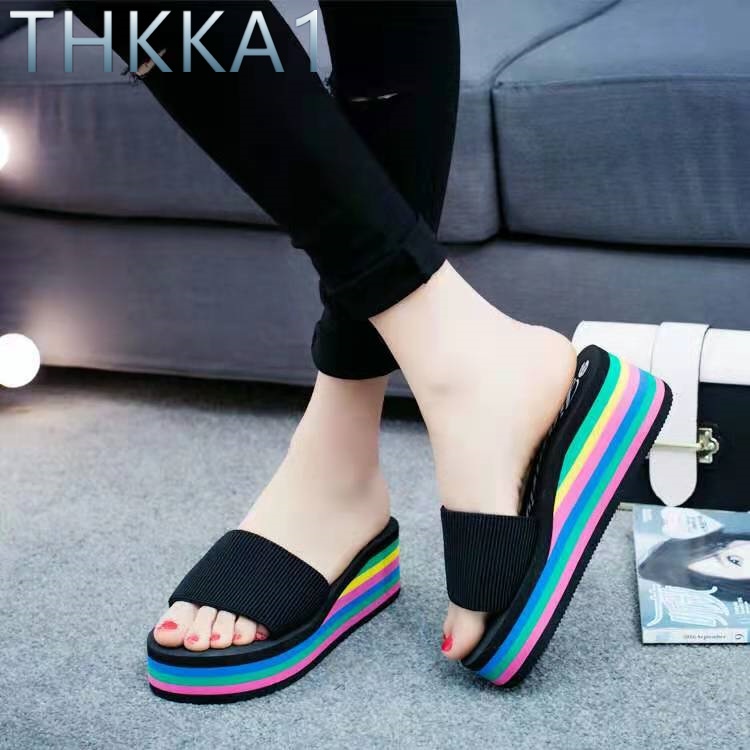 THKKA1 รองเท้าแตะแฟชั่นพื้นสีรุ้ง ส้นสูง 6.0 ไซส์ 36-40