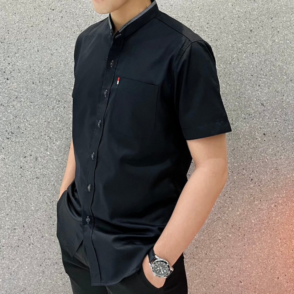 เสื้อเชิ้ตผู้ชายแขนสั้นคอจีน, เสื้อเชิ้ตผู้ชายแขนยาวคอจีน สีดำ(พร้อมส่ง)