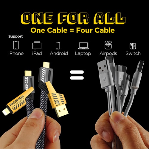 65W 4 In 1 สายชาร์จ USB เร็ว สายสำหรับ iPhone 14 13 Pro Realme Xiaomi PD ชาร์จเร็วสาย USB-C 1/2เมตร