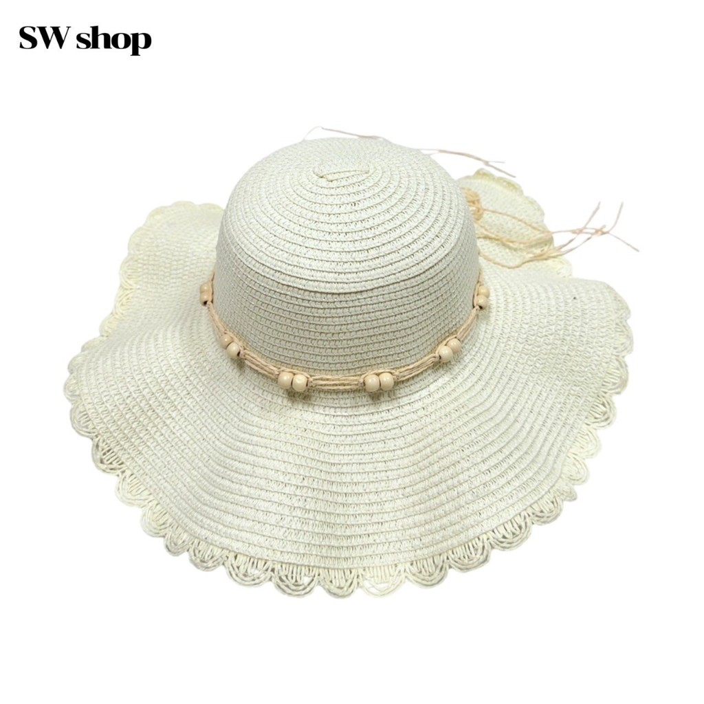 SW หมวกสานปีกกลาง ลายลูกปัดสีขาว หมวกกันแดด เหมาะสำหรับผู้หญิง