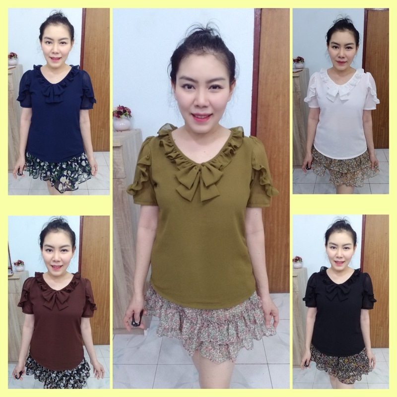 เสื้อผ้าชีฟองพื้น รุ่นคอวีระบาย แขนระบายโค้ง ผลิตเอง พร้อมส่ง