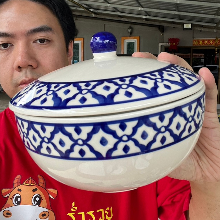 ถ้วยฝาปิดลายไทย ลายไทยสัปปะรด(เข้าไมโครเวฟได้) เนื้อเซรามิคคุณภาพดี ปลอดภัย ออกใบกำกับภาษีได้
