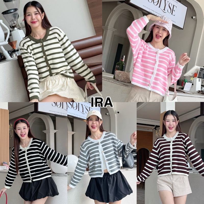 BY IRA พร้อมส่ง เสื้อแขนยาว คอกลม เกาหลี ลายทาง กระดุมสวย ดูหรู ลุคคุณหนูดูแพง ผ้าคุณภาพ หนานุ่ม