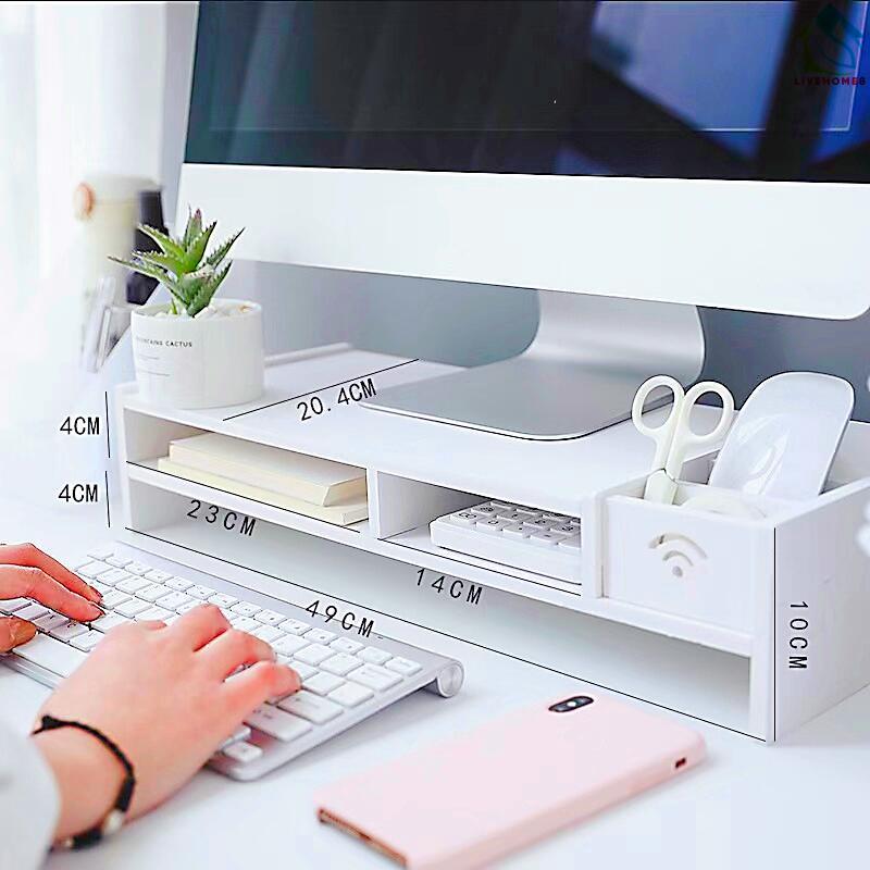 ชั้นวางหน้าจอคอมพิวเตอร์ แบบช่อง มีLOGO WiFi ชั้นวางของ ลิ้นชักเก็บของ วางบนโต๊ะ มีช่องkeyboard