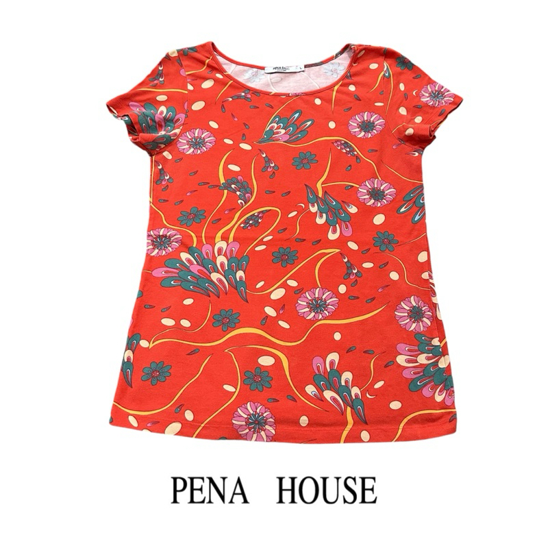 PENA BASIC L เสื้อยืดคอกลม แขนสั้น สีส้มแดงลายดอกไม้