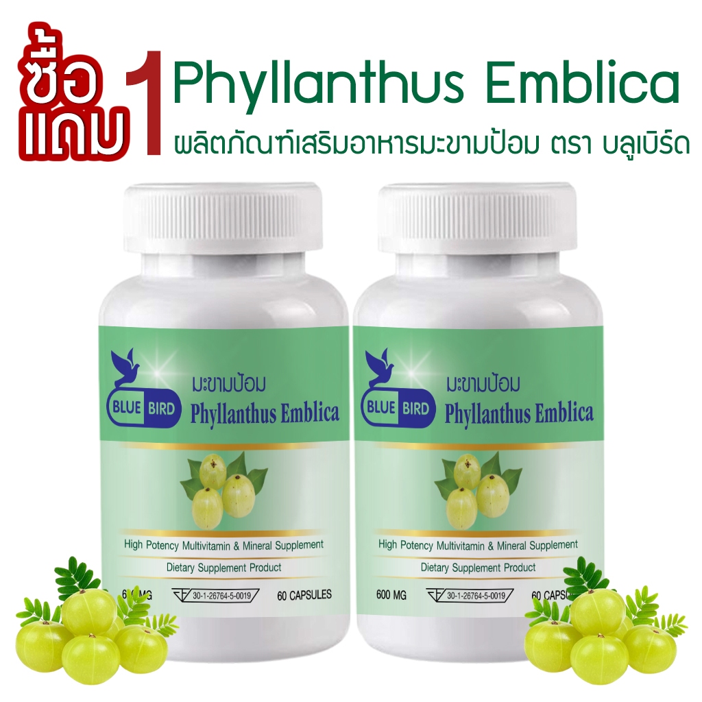 [1 แถม 1] มะขามป้อม Phyllanthus Emblica ตรา บลูเบิร์ด ขนาด 600 มิลลิกรัม 60 แคปซูล