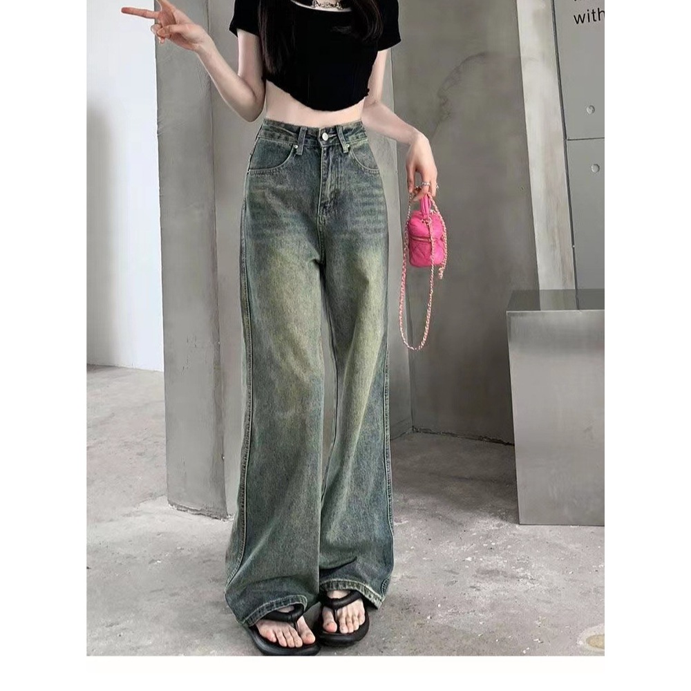Women Summer New American Style Ins High Street Retro Jeans Niche High Waist Wide Leg Plus Size Pants