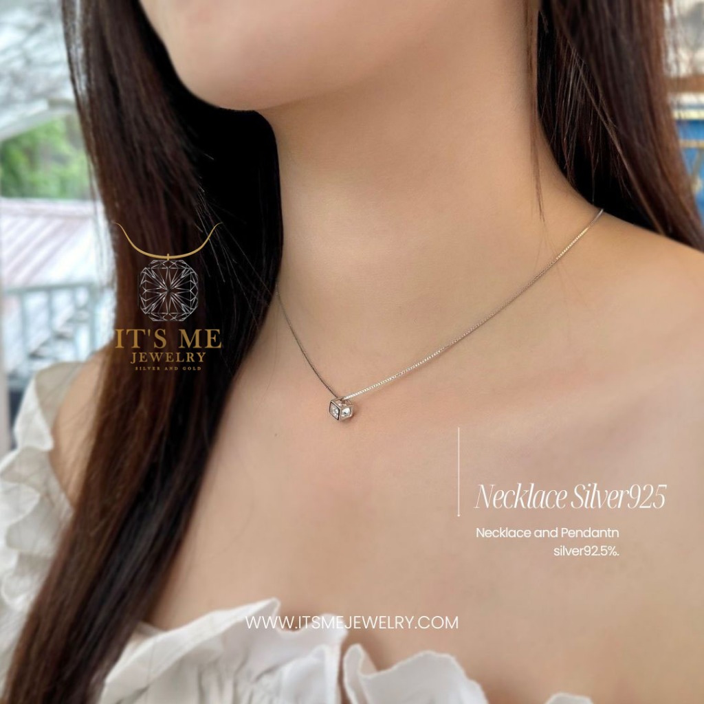 สร้อยเงินแท้พร้อมจี้92.5% จี้ box เพชร cz ตรงกลาง งานน่ารักๆ ชุบทองคำขาว SJ0190 Free size 16-17 นิ้ว(เนื้อเงินแท้)
