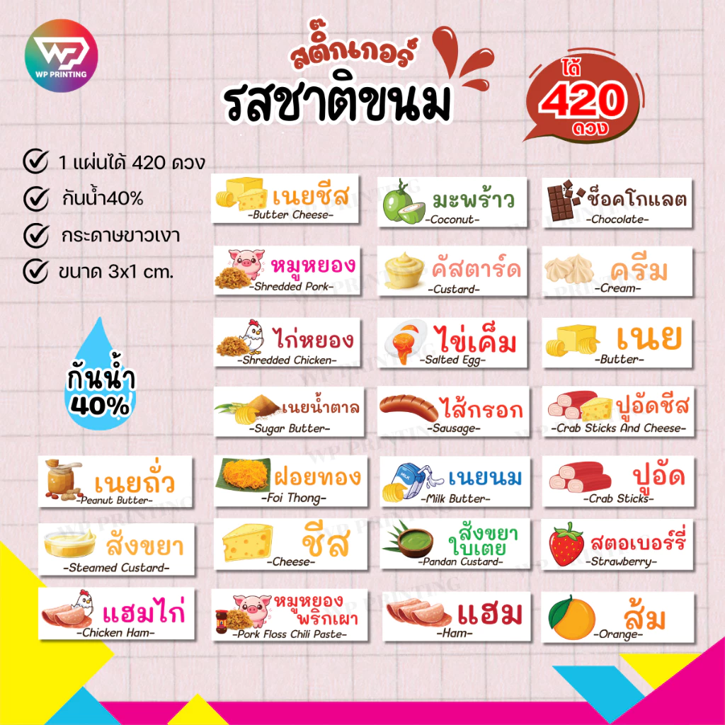 สติ๊กเกอร์รสชาติขนมต่างๆ สติ๊กเกอร์ ไส้ขนม เบเกอรี่ กันน้ำ40% ไดคัทพร้อมใช้ (1 แผ่นได้ 420 ดวง) เยอะสุด WPD06-กระดาษ