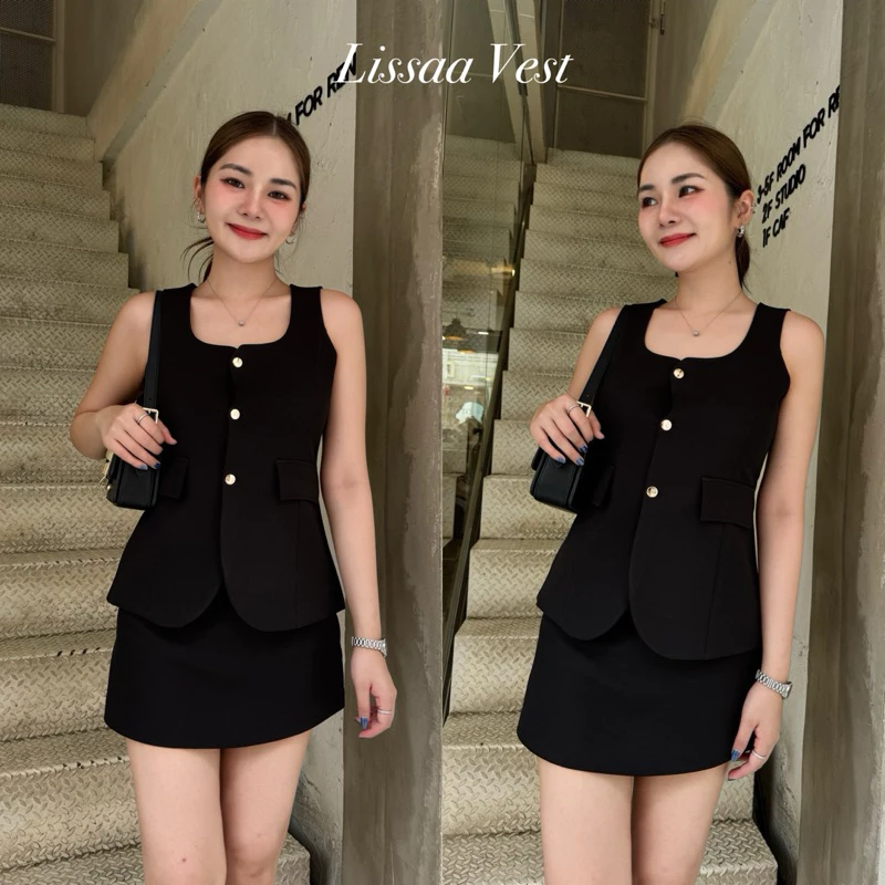 Lissaa Vest Top เสื้อ Vest กระดุมโบว์ทอง ซับใน กระเป๋าใช้งานได้จริง