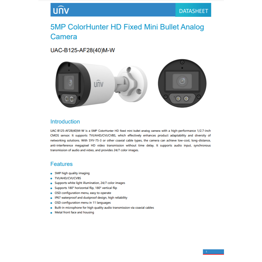กล้องวงจรปิด UNV 5MP ColorHunter HD Fixed Mini Bullet Analog Camera รุ่น UAC-B125-AF28(40)M-W รับประกัน 3 ปี