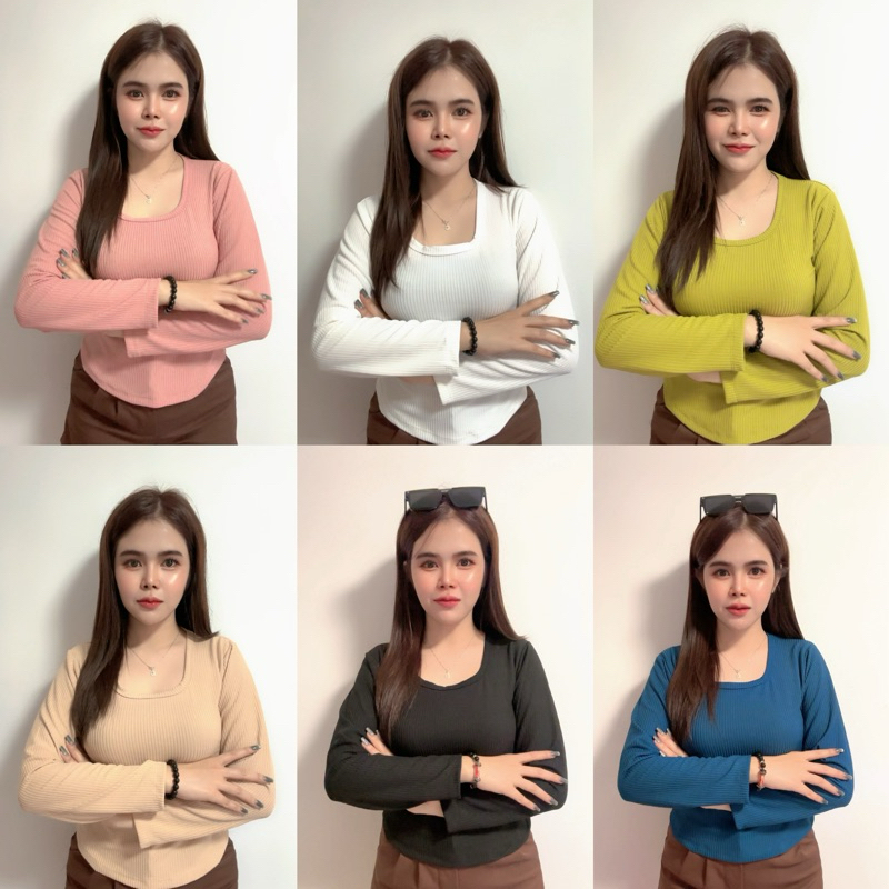 เสื้อยืดคอเหลี่ยมแขนยาว ผ้าร่องใหญ่