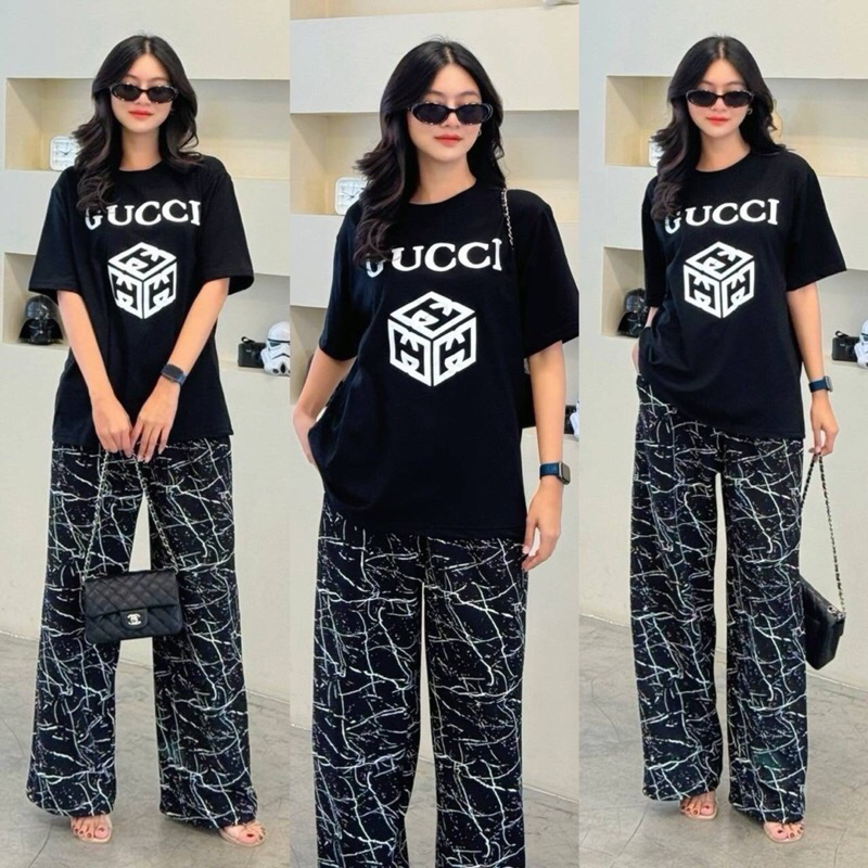เซต2ชิ้นเสื้อยืดคอกลมแขนสั้นสกรีนมาพร้อมกางเกงขายาวทรงบอกใหญ่พิมลาย