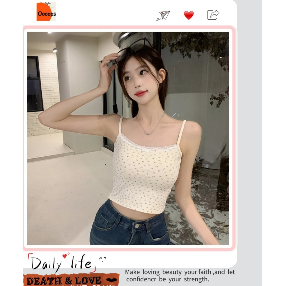 หวานมาก สกรีนลาย เเบบสั้น ทรงเข้ารูป โชว์หุ่น มีฟองน้ำ ลายดอกไม้ สไตล์เกาหลี เเต่งลูกไม้ #0264