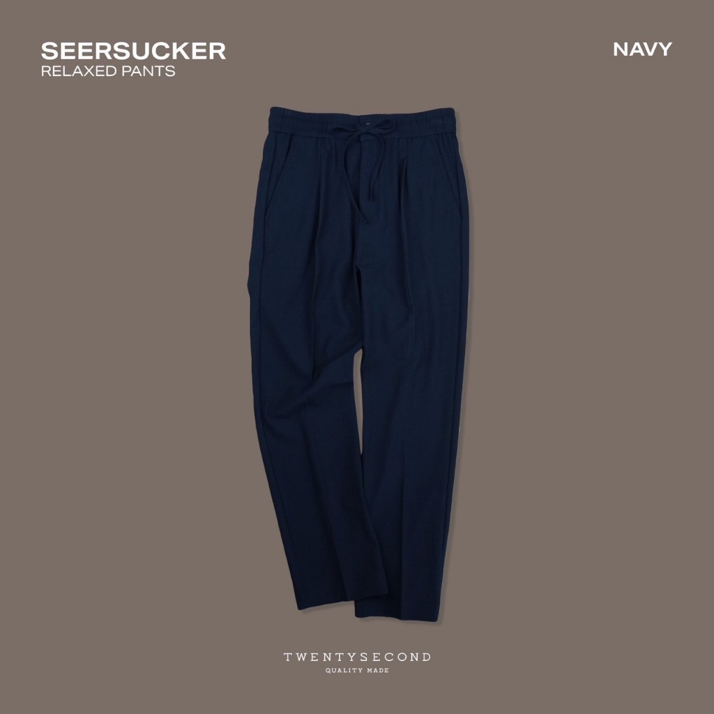 TWENTYSECOND กางเกงขายาว ผ้า Seersucker เอวยางยืด รุ่น Seersucker Relaxed Pants - กรม / Navy