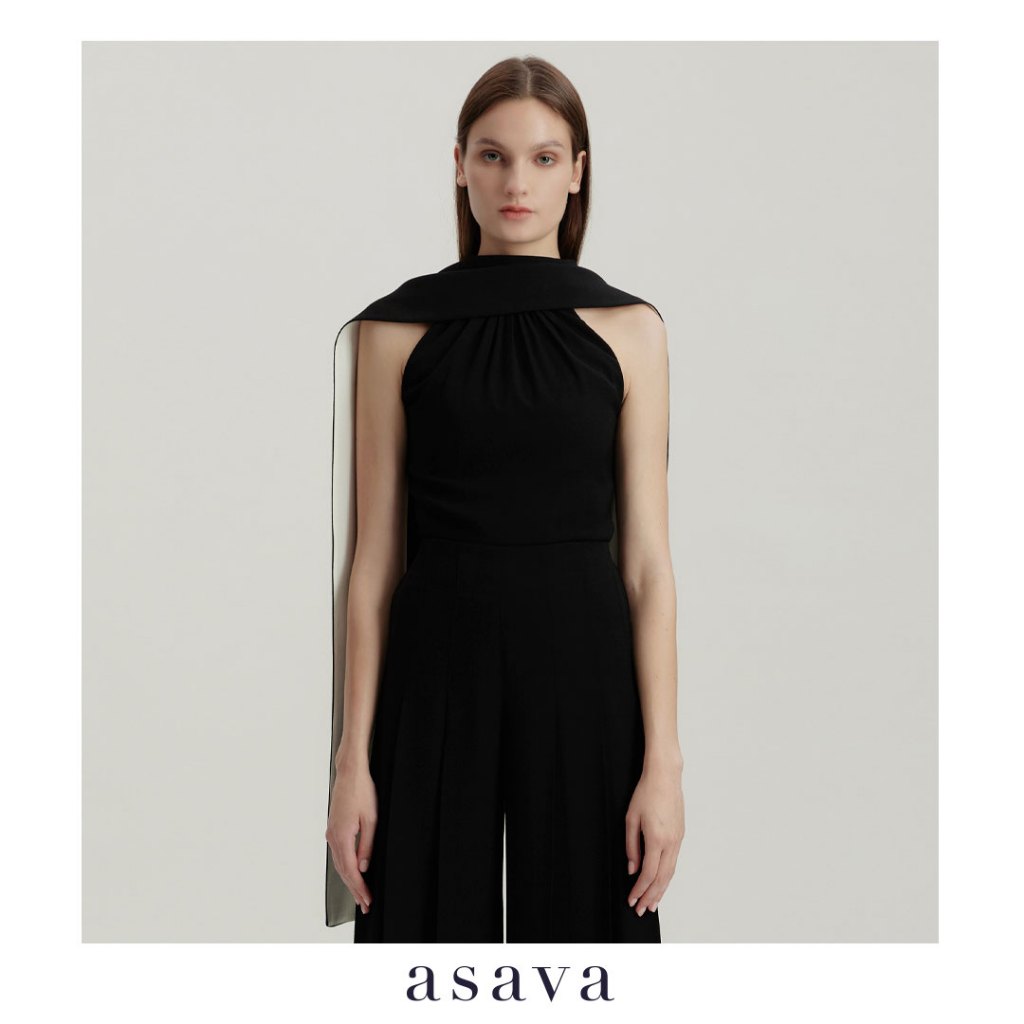 [asava aw24] Rhiannon Long Scarf-Collar Blouse เสื้อผู้หญิง แขนกุด คอปีน แต่งผ้าพันคอยาวถึงชายหลัง แต่งดีเทลรูดบริเวณคอ