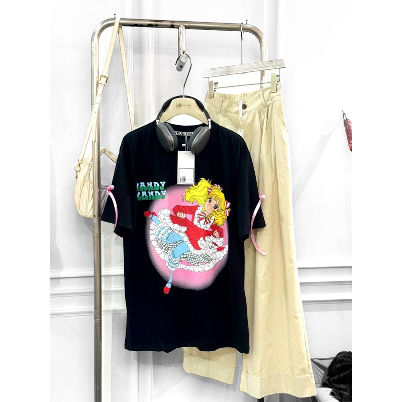 เสื้อยืดโอเวอร์ไซส์ ผ้าCotton อก 44-46 ยาว 28-29 นิ้ว แต่งโบว์ที่แขนเสื้อ