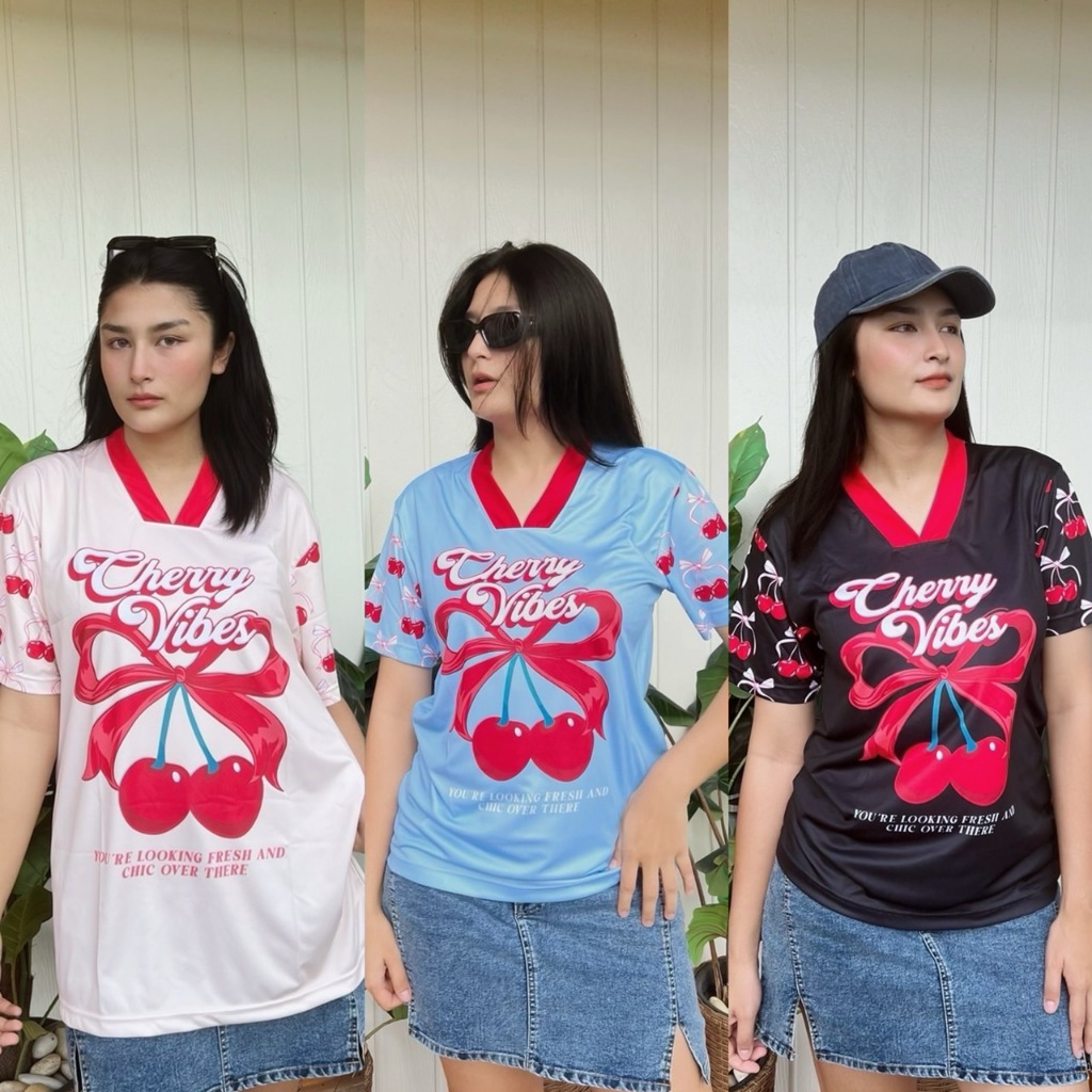 [พร้อมส่งจากไทย] namsap ZUZA Cherry t-shirt Oversize เสื้อยืดกีฬาแฟชั่น คอวี แขนสั้น ผ้าไมโครฯ พิมพ์ซับลิเมชั่นลงในผ้า