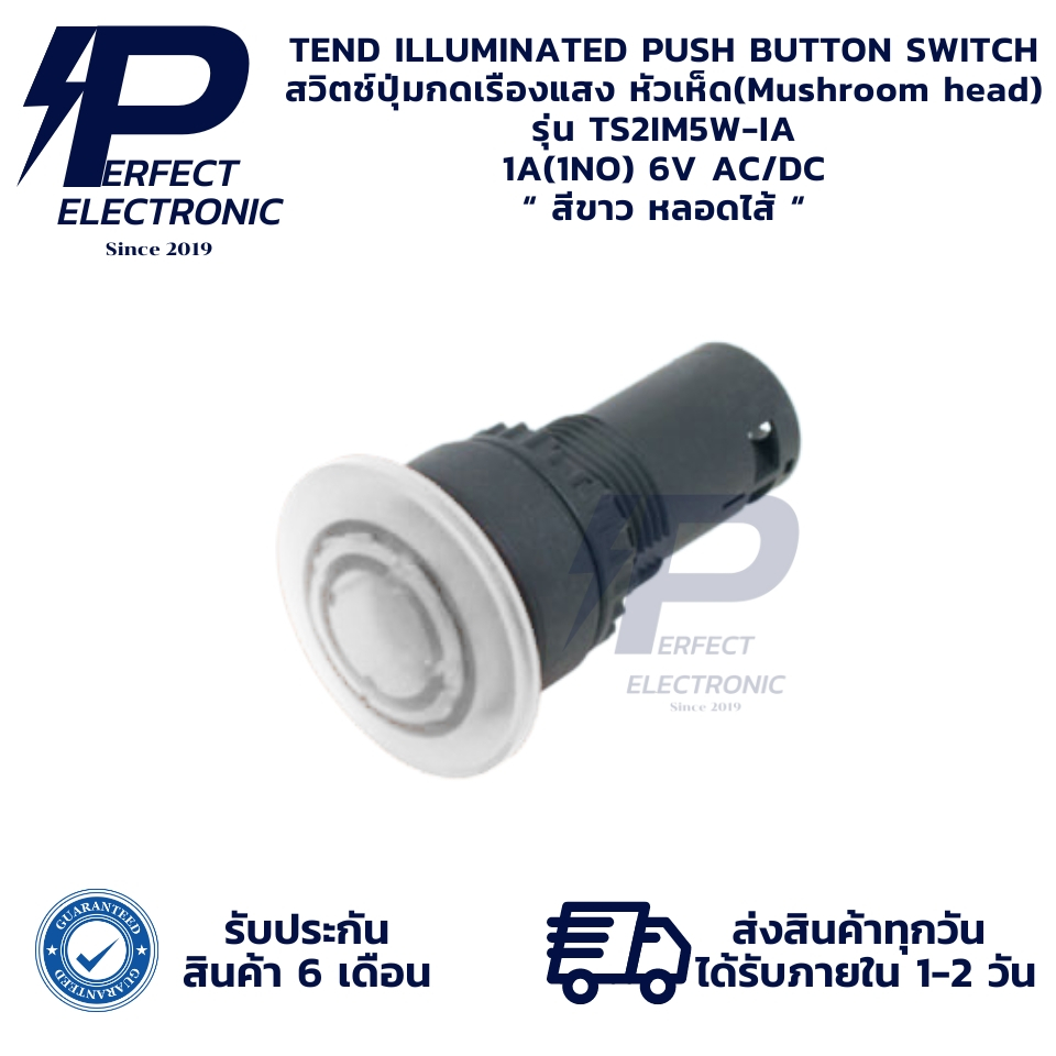TS2IM5W-IA TEND ILLUMINATED PUSH BUTTON SWITCH สวิตช์ปุ่มกดเรืองแสง หัวเห็ด 1A(1NO) 6V AC/DC " สีขาว