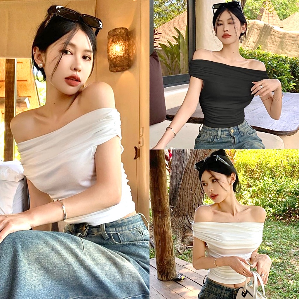 เสื้อเปิดไหล่ เสื้อครอปปาดไหล่ ปาดไหล่พับ ทรงเข้ารูป โชว์หุ่น ยืดได้ #020266