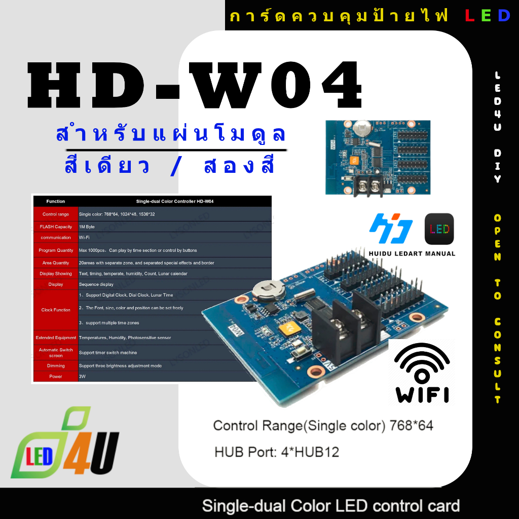 HD-W04 HD-W4 การ์ดสำหรับควบคุมป้ายไฟ LED ป้ายไฟวิ่ง ป้ายไฟตัวอักษร ป้ายไฟโฆษณา ป้ายไฟร้านค้า แสดงผลสีเดี่ยว หรือสีคู่