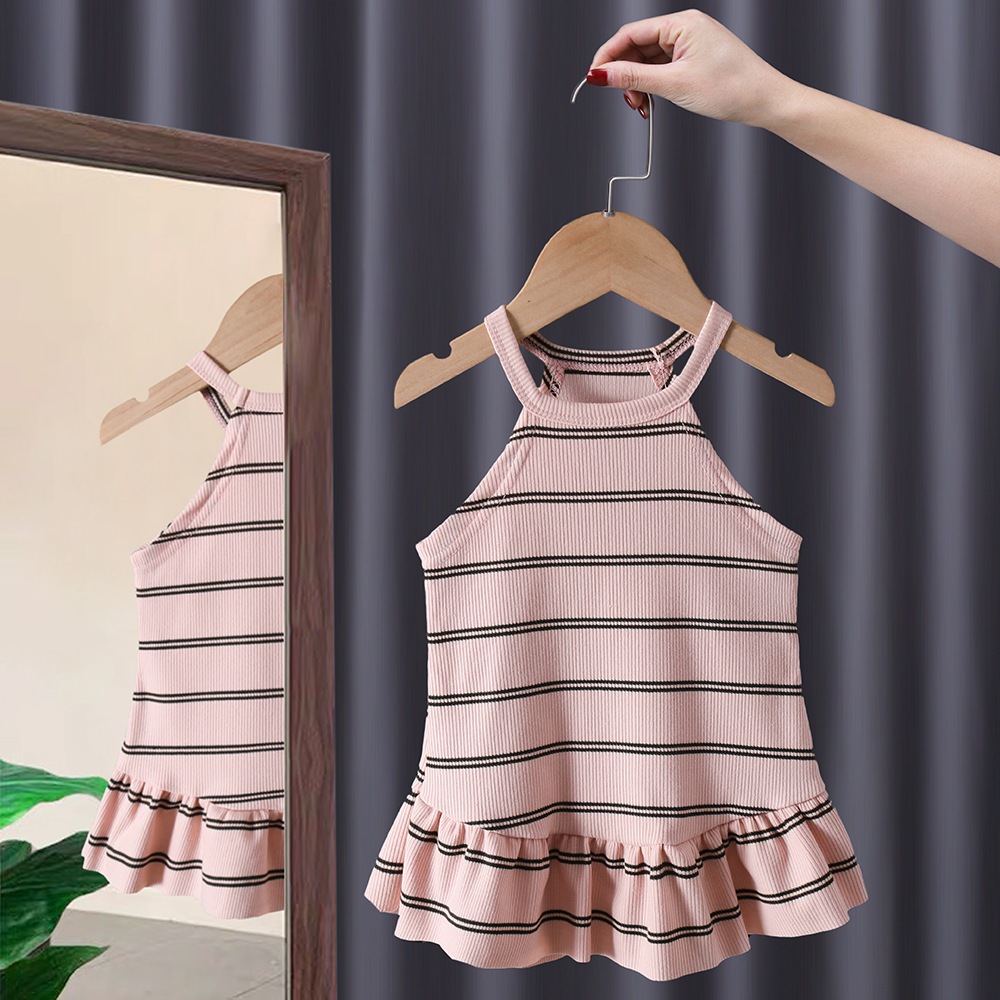 ชุดเดรสสายเดี่ยวเด็กหญิง ชุดกระโปรงเด็ก ลายทาง ปลายระบาย ผ้าฝ้าย #40311 - รูปที่ 4