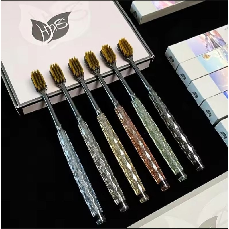 แปรงสีฟันคริสตัลคุณภาพสูง หัวกว้าง ขนแปรงนุ่ม ชุดกล่องของขวัญสไตล์จีน 6 ชิ้น ทำความสะอาดและปกป้องฟัน