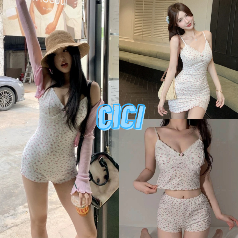ส่งทันที Cici(NO. 1396/1256/1397) เดรส/ชุดจั๊ม/ชุดเซทเข้ารูป สายปรับระดับได้ ลายดอกไม้ แต่งลูกไม้และดอกไม้ด้านหน้