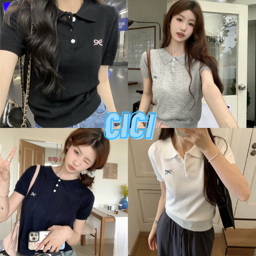 Cic(NO. A2156-2)เสื้อไหมพรมแขนสั้น แต่งลายผ้า คอปกกระดุมใช้งานได้จริง ปักโบว์น่ารัก สไตล์เกาหลี