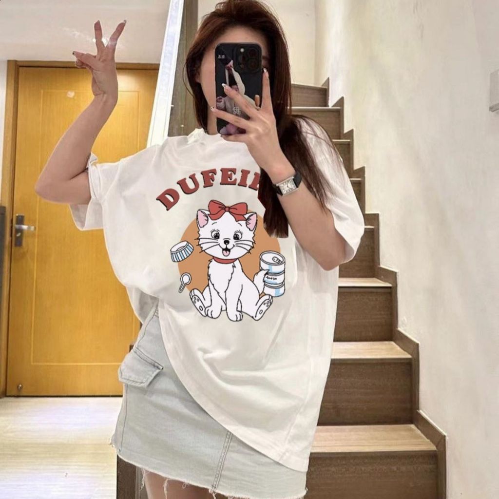 เวอร์ชั่นเกาหลีฤดูร้อนการ์ตูนแมวผ้าฝ้ายเสื้อยืดแขนสั้นรอบคอหลวมแสดงผอมบวกขนาดเสื้อผ้าผู้หญิง ins ร้อยคู่ชุด