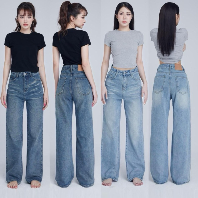 PP5351 กางเกงยีนส์ขากระบอกใหญ่รุ่นลิซ่า แต่งเฟด ผ้าไม่ยืด